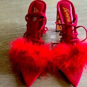 Red fur lace up heels